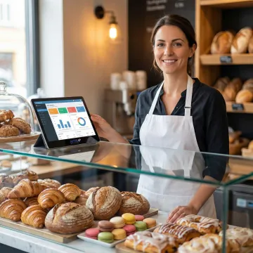 Bakery owner reviewing sales data on a POS system dashboard