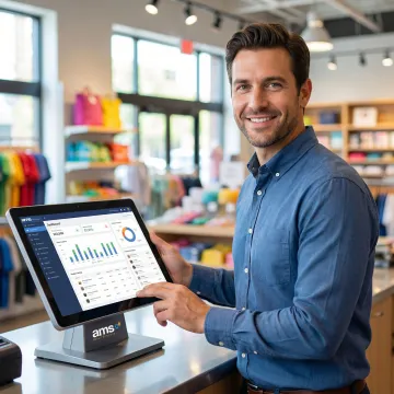 Retail store manager using an ERP-integrated POS system at a checkout counter