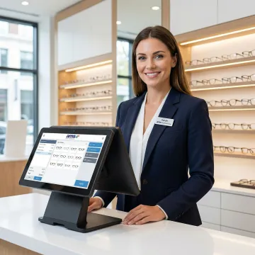 Optical retailer using POS software at a dispensing counter with eyeglass frames on display