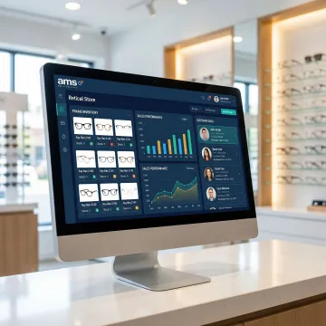 Optical store POS dashboard showing frame inventory and sales analytics on a desktop screen
