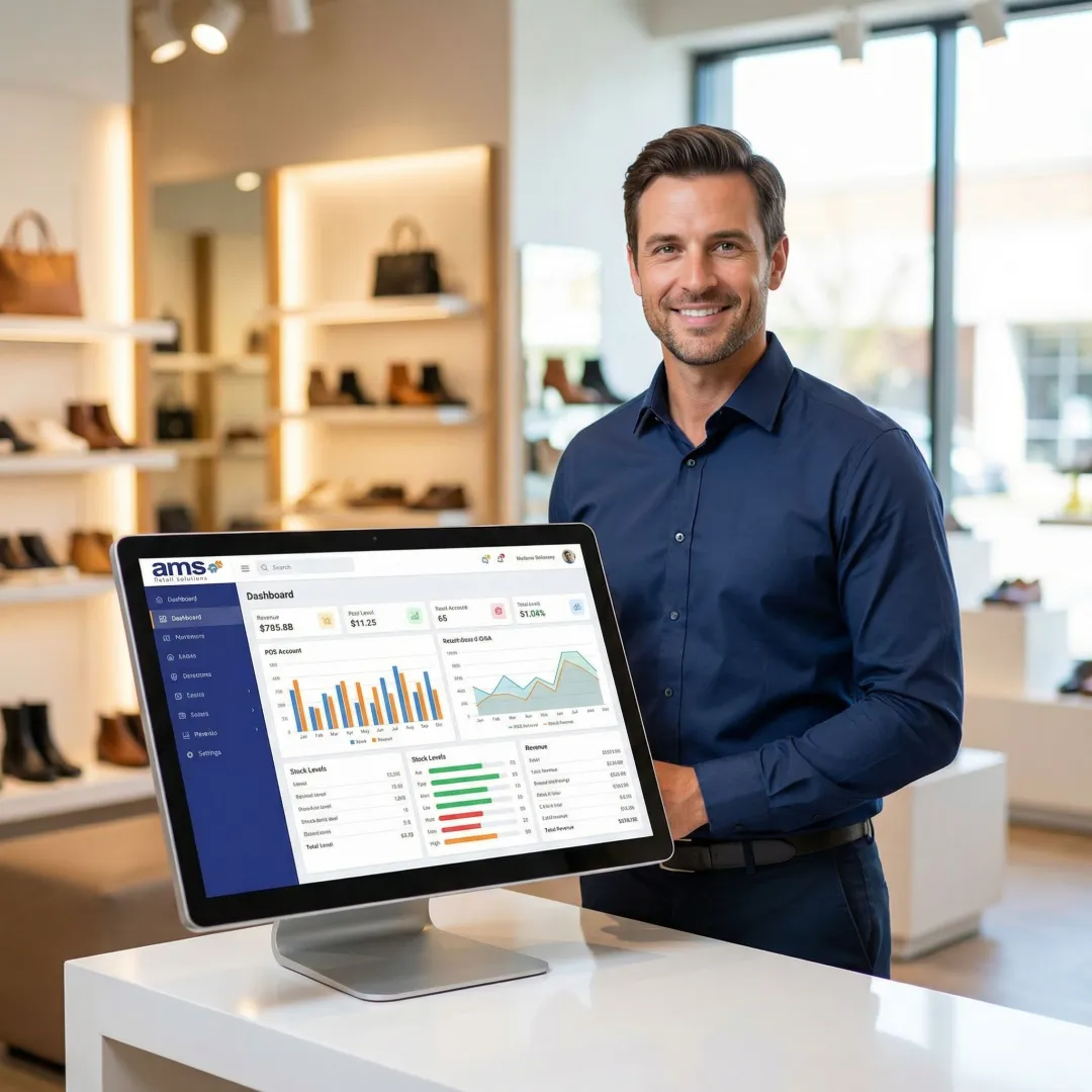 Shoe store manager reviewing inventory reports on POS software dashboard