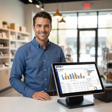 Retail store manager reviewing POS dashboard reports
