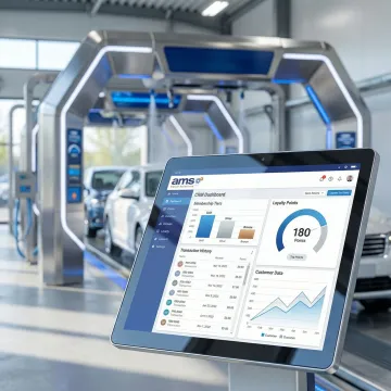 Car wash POS and CRM software dashboard on a touchscreen terminal at a modern car wash facility