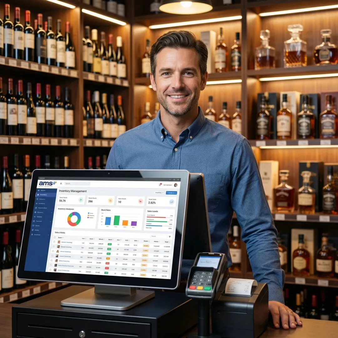 Liquor store owner using POS software to manage inventory