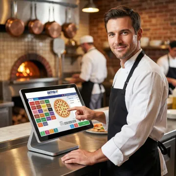 Pizza POS software interface on a touchscreen terminal in a busy pizzeria