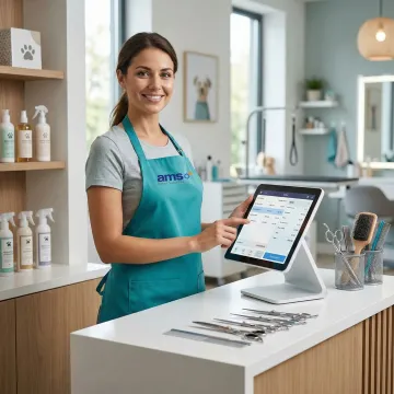 Pet groomer using a POS system at a grooming salon front desk
