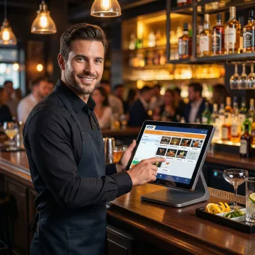 Bartender using a touchscreen POS system at a busy bar in Warren, OH