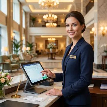 Hotel staff using a point of sale system at the front desk