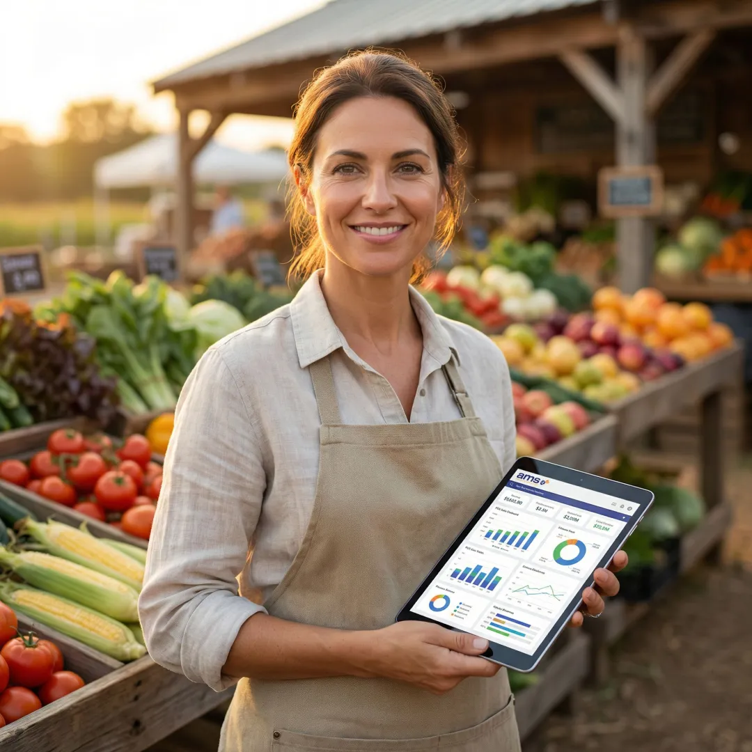 Farm market operator reviewing sales dashboard on a tablet