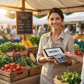 Farmer using a tablet POS system at an outdoor farm market stall