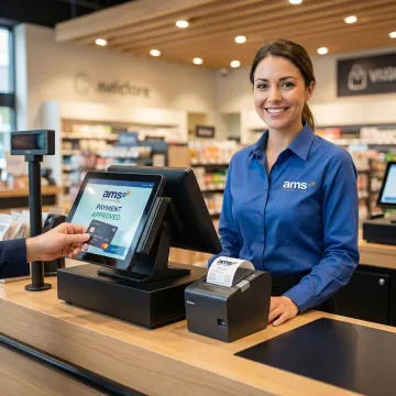 Retail associate processing a debit card transaction on a modern POS terminal at a specialty store checkout counter.