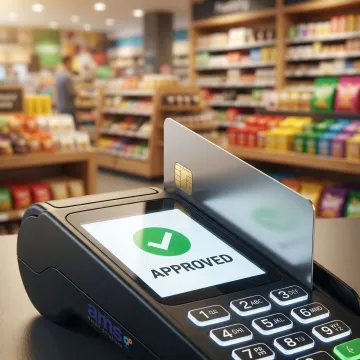 Close-up of a debit card being inserted into a retail POS payment terminal with transaction confirmation on screen.