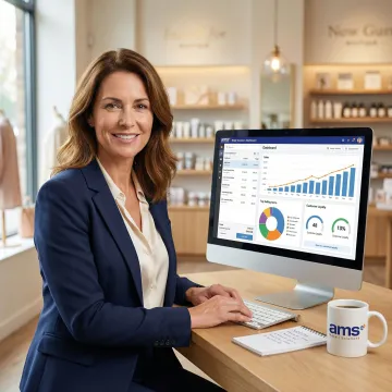 Specialty retail store owner analyzing customizable sales and inventory reports on a POS software screen