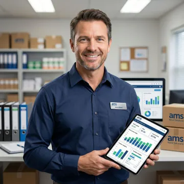 Franchise retail manager reviewing multi-store POS dashboard on a tablet in a retail back office