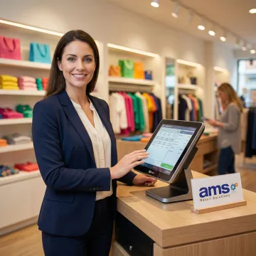 Retail store owner using NCR Counterpoint cloud POS software on a touchscreen terminal