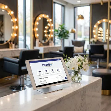 Hair salon POS software on a tablet at a modern salon reception desk