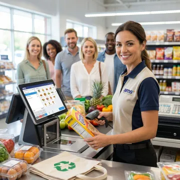 POS system at a grocery store checkout counter with a cashier scanning items