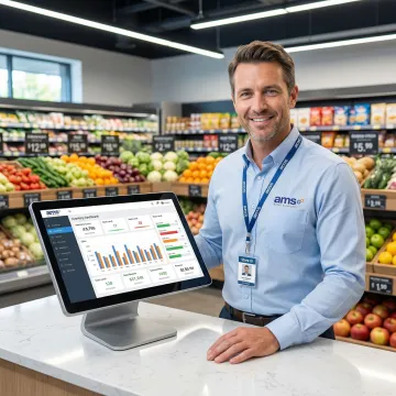 Store manager reviewing inventory reports on a POS system screen in a grocery store