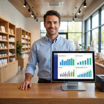 Retail store manager reviewing multi-location inventory data on a POS software dashboard