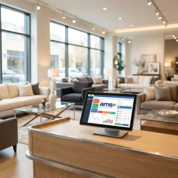 Furniture store point of sale software on a touchscreen terminal in a modern showroom