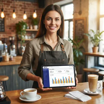 Coffee shop owner reviewing sales data on a POS system tablet