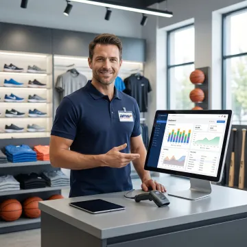 Retail manager reviewing sporting goods inventory on a POS dashboard