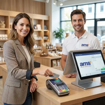 Retail POS terminal processing a credit card payment at a specialty store checkout counter