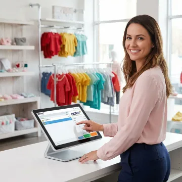 Store associate using touchscreen POS at a children's clothing boutique