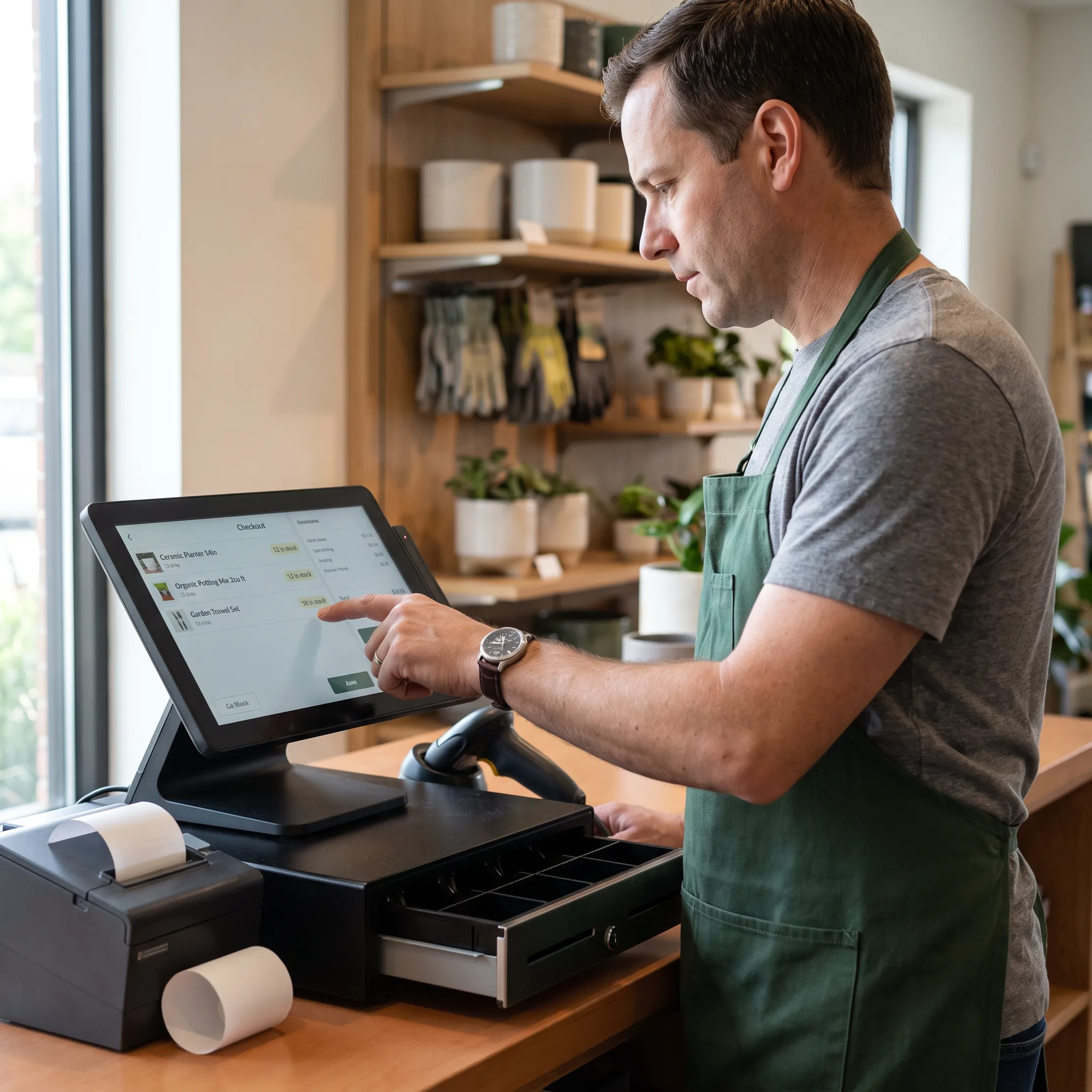 Retail associate using POS software at a specialty store checkout