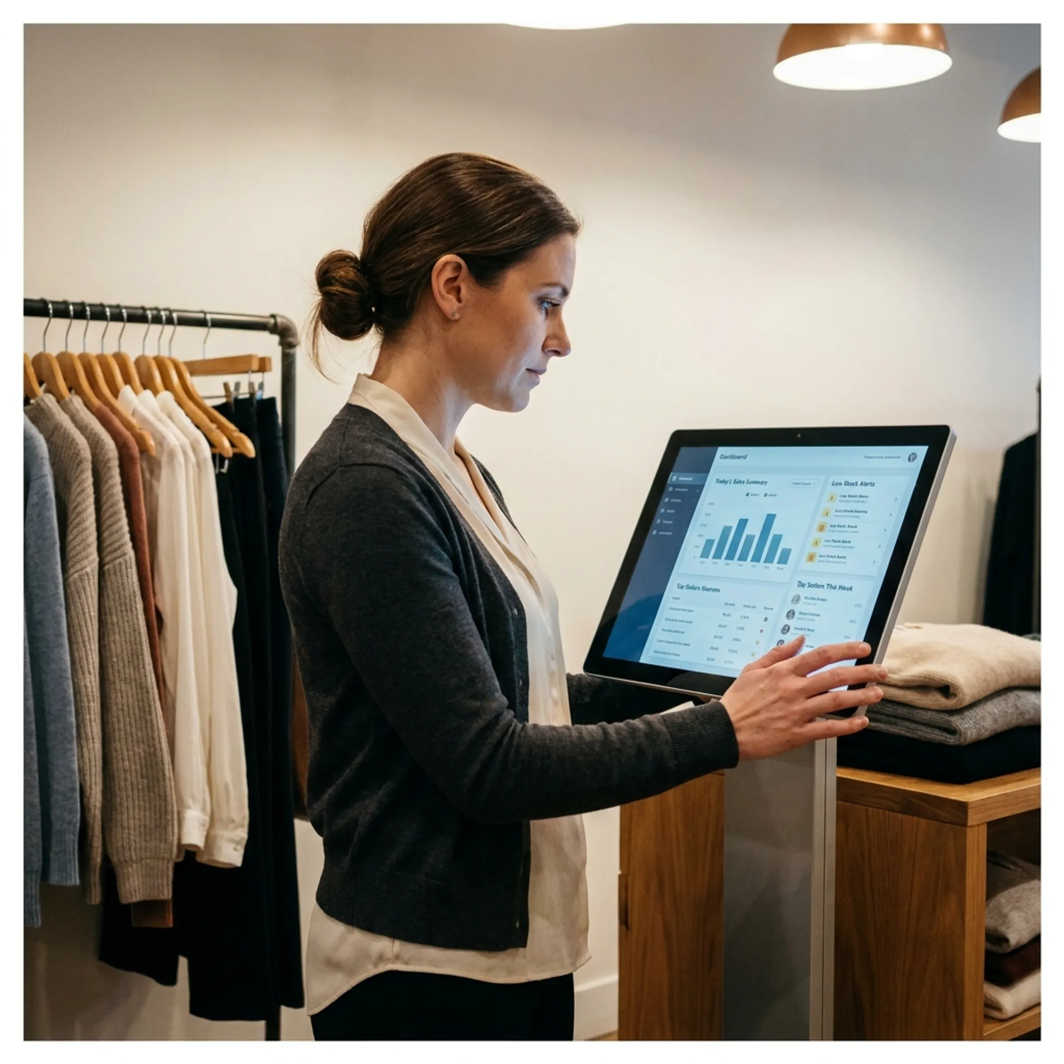 Retail manager reviewing apparel inventory and sales data on POS software