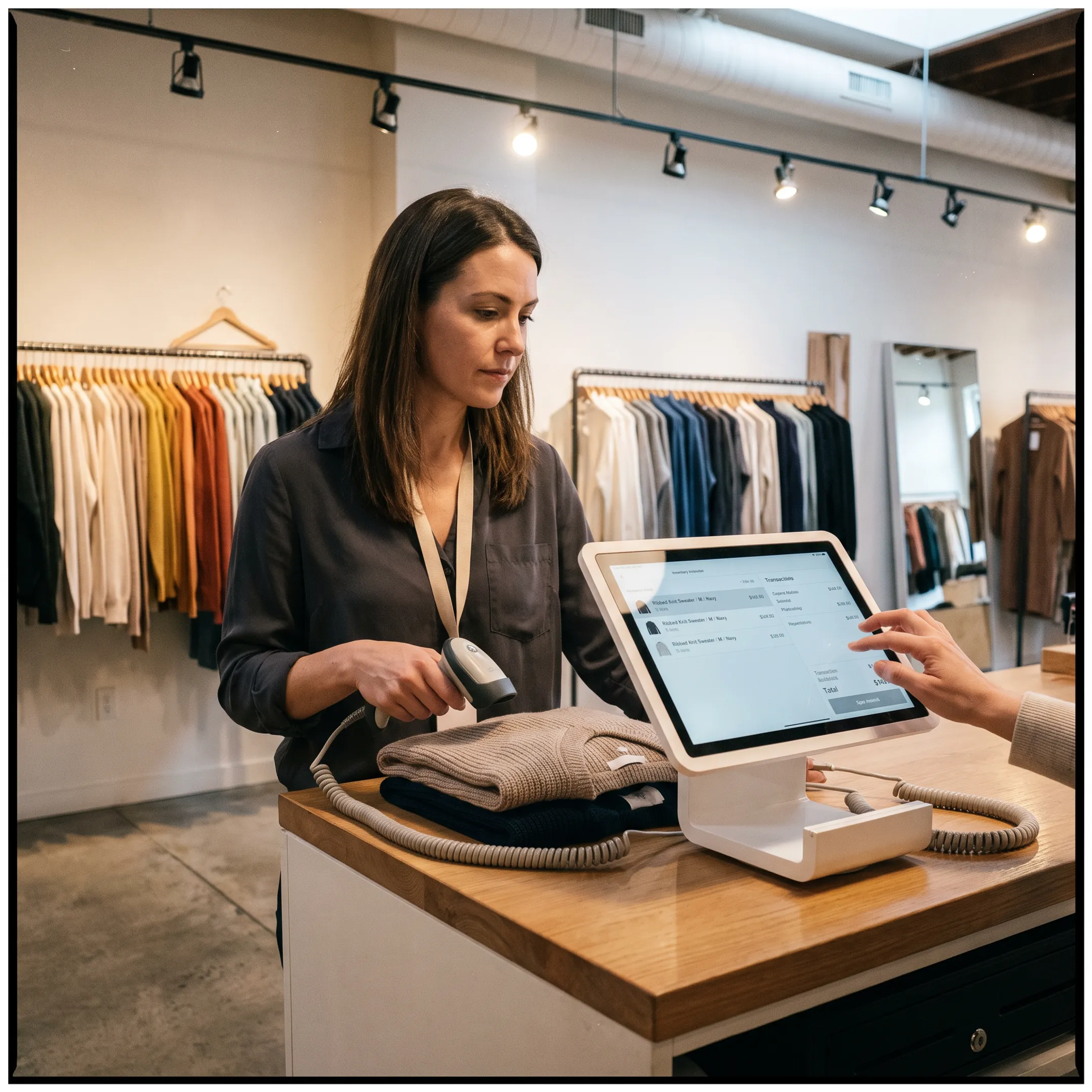 Boutique associate using POS system beside organized clothing displays