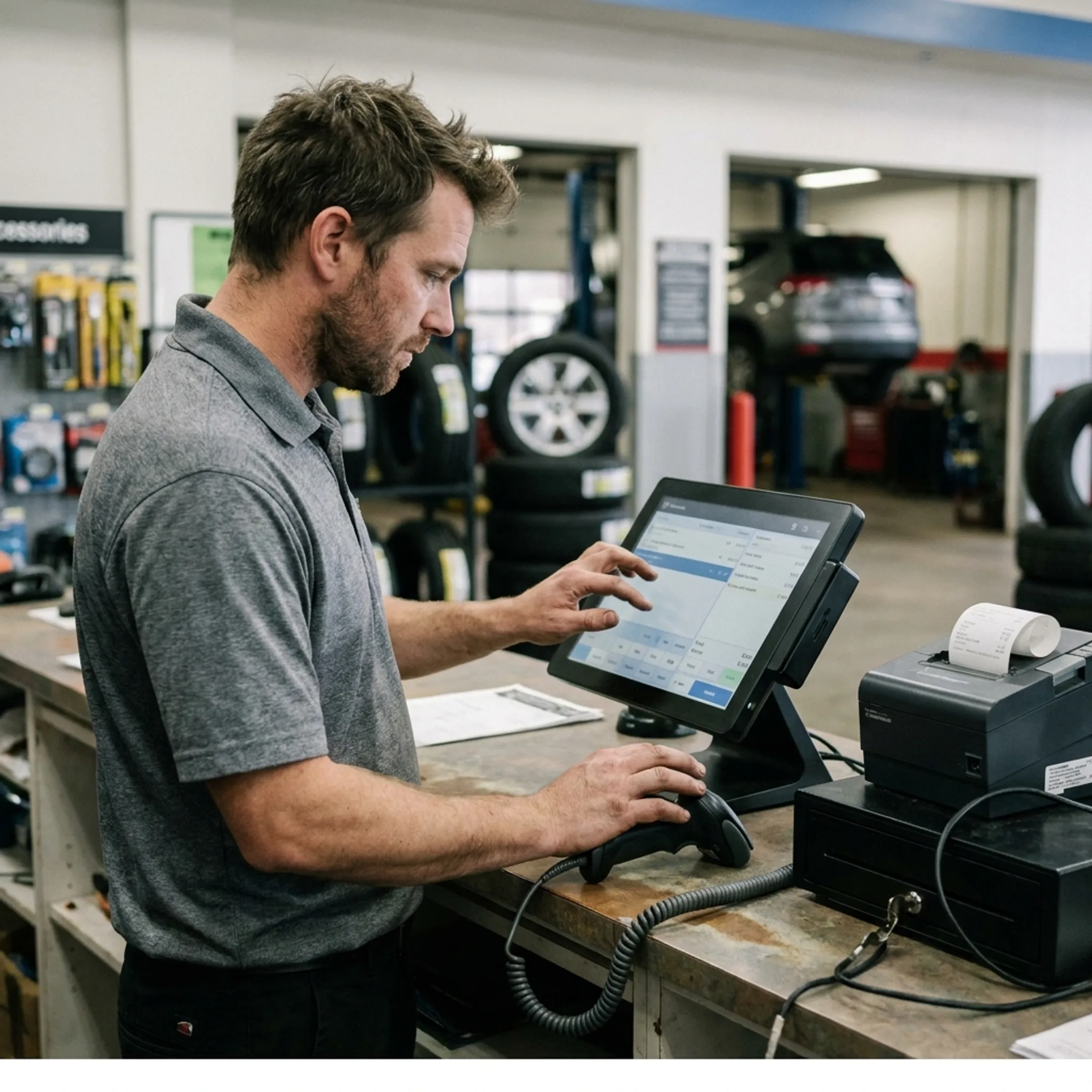 Tire shop employee using POS software at a retail service counter