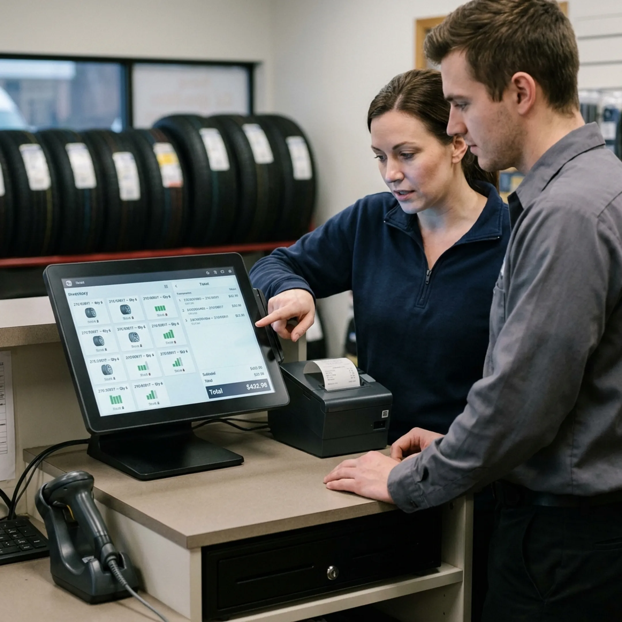 Retail team managing tire inventory and customer transactions with POS software