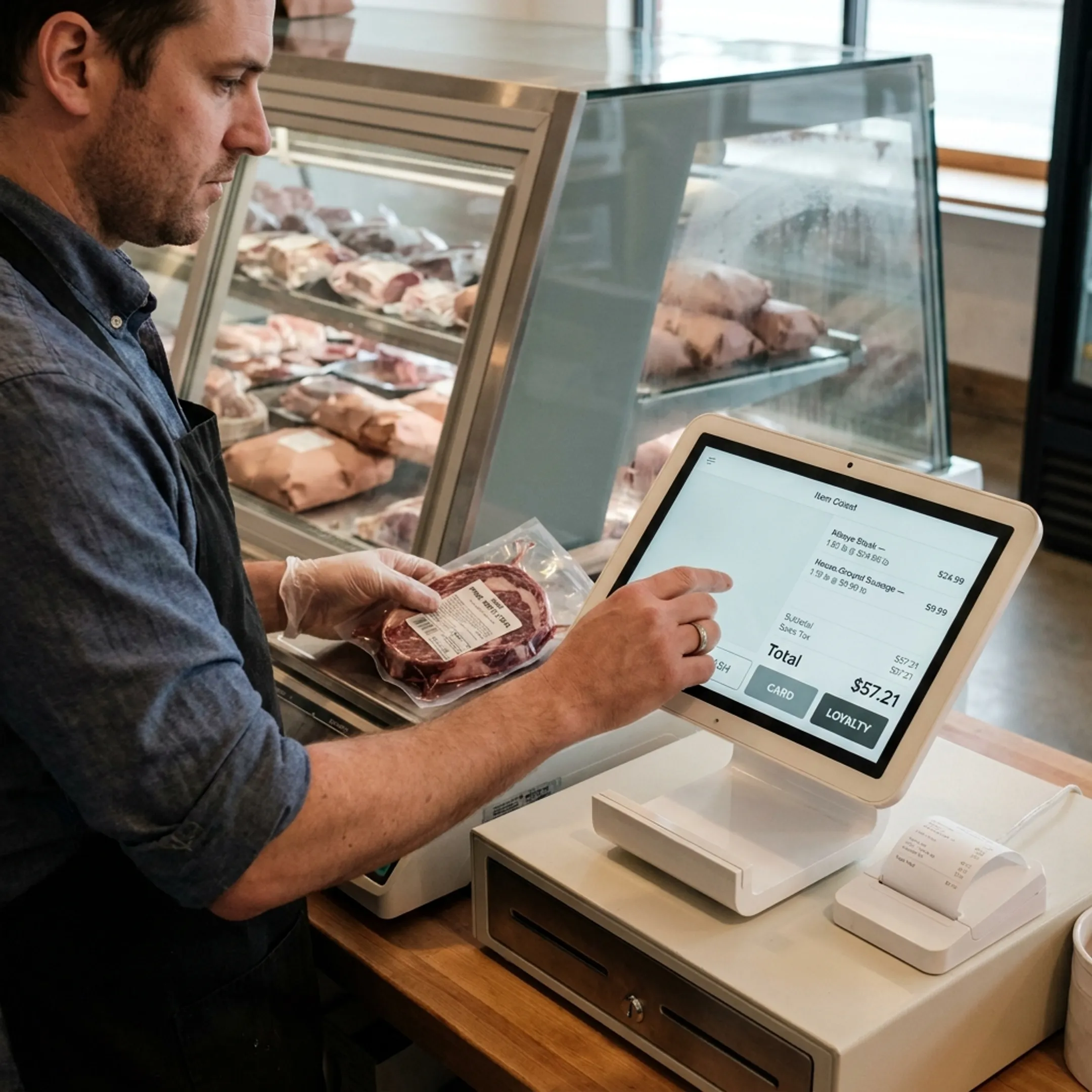 Meat market employee using POS system beside refrigerated display cases