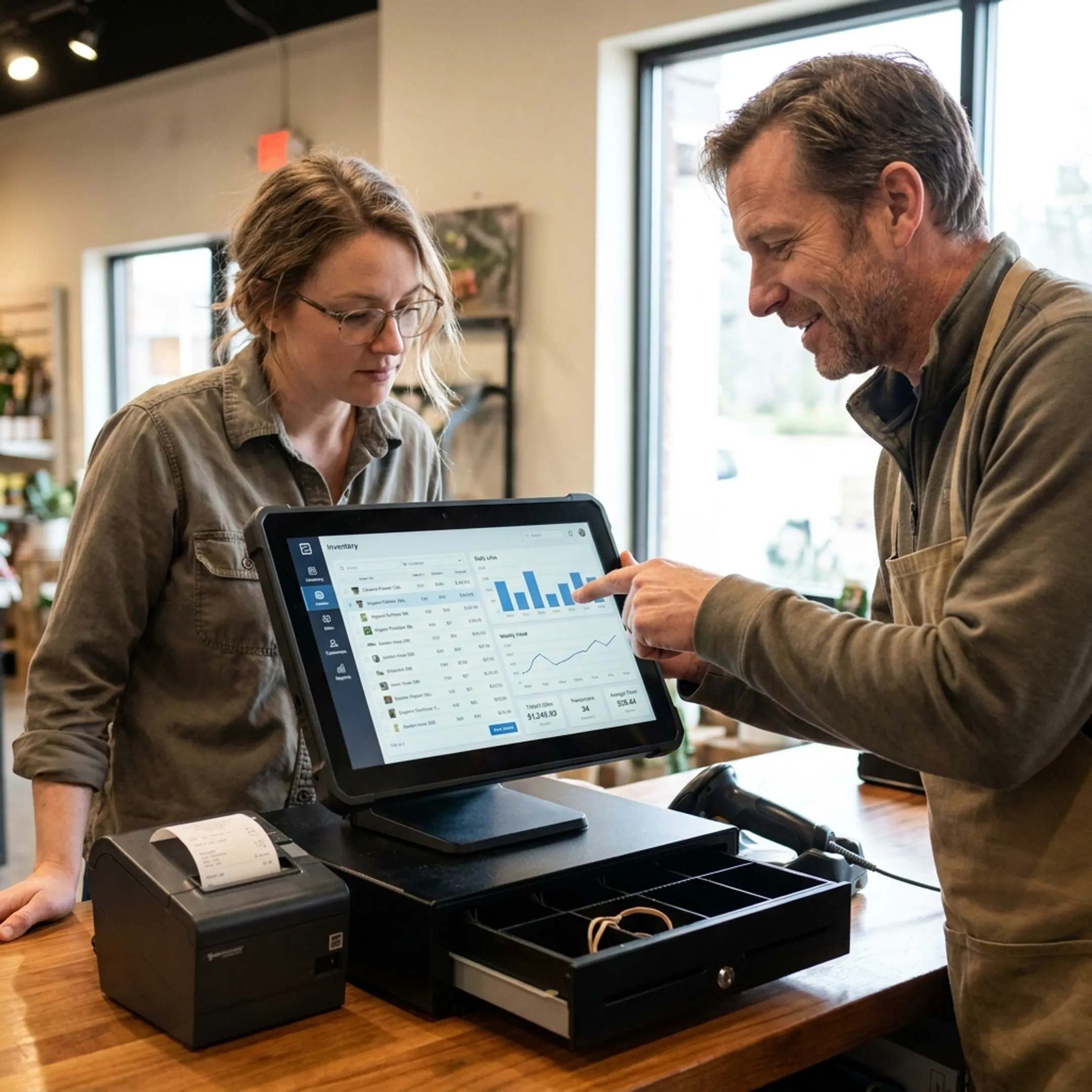 Retail team reviewing point-of-sale inventory and sales information