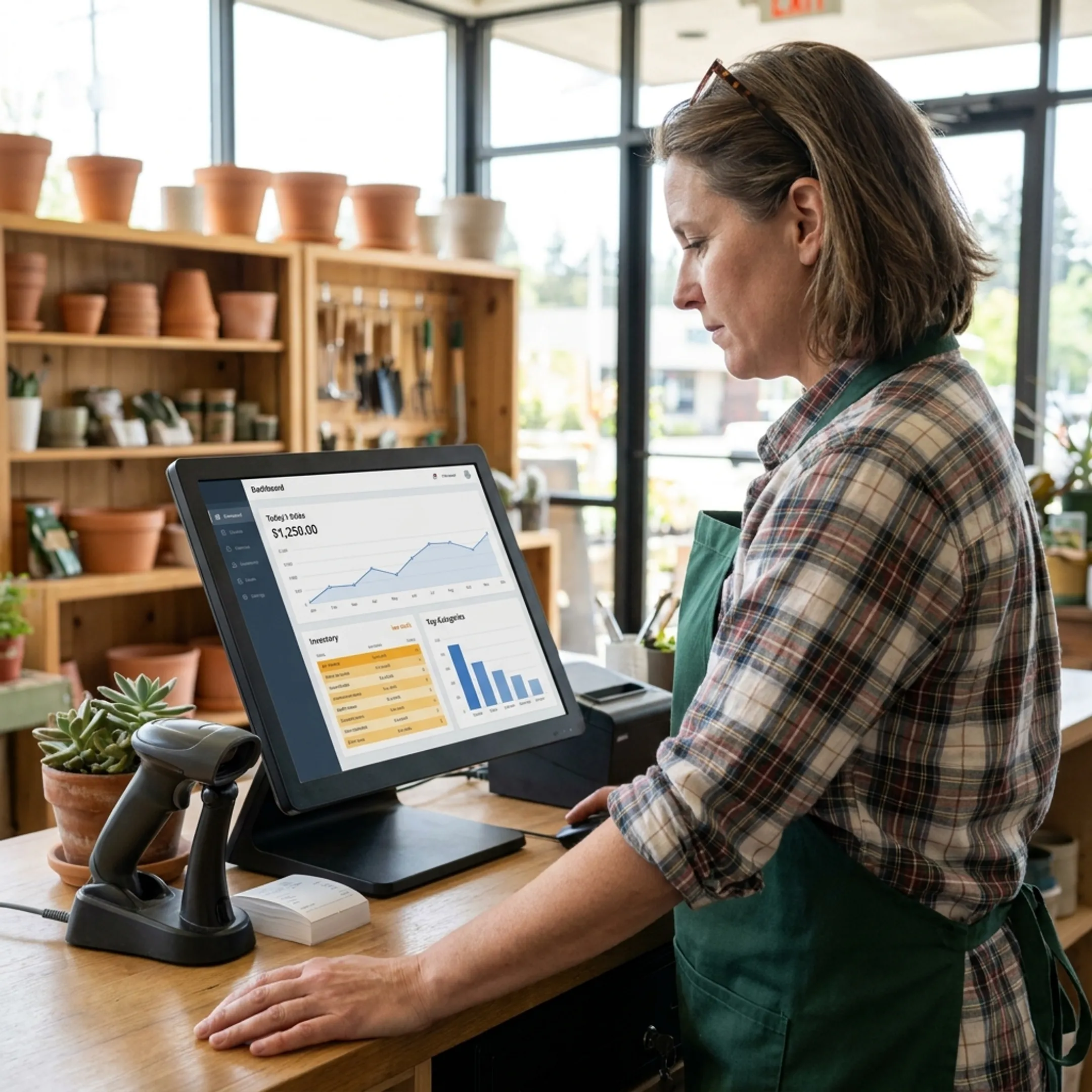 Specialty retailer reviewing inventory and sales data on a POS system