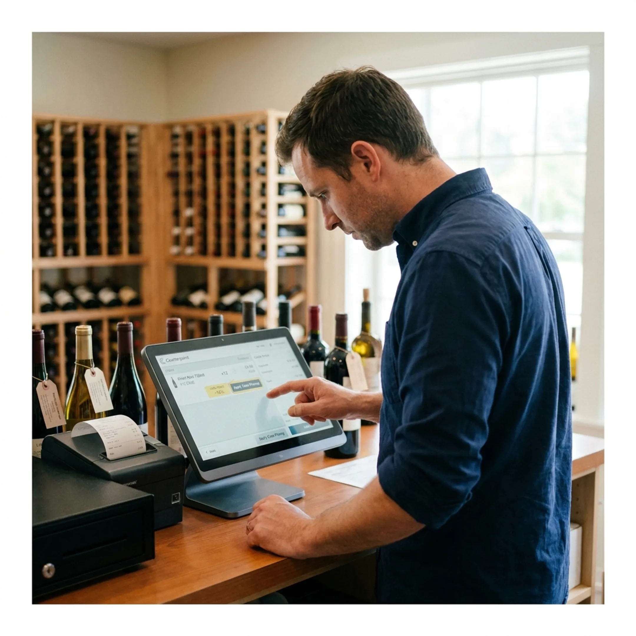 Wine shop team using specialty POS software for bottle and case sales