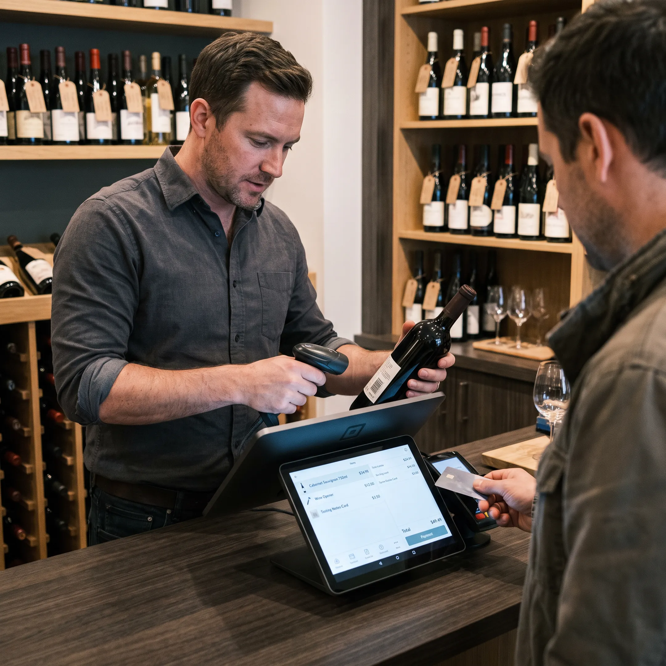 Wine shop employee using POS system beside bottles and tasting products