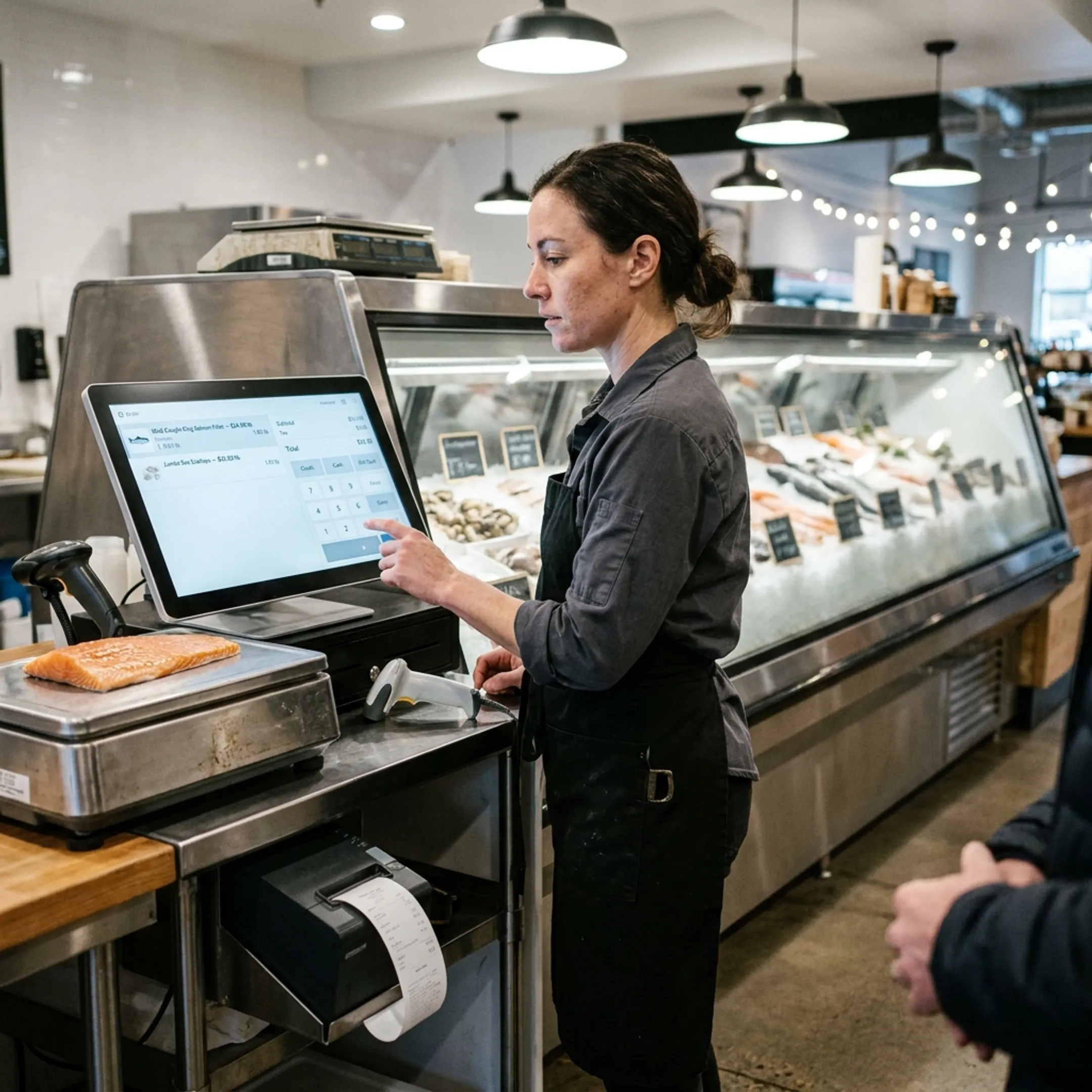 Fish market cashier using POS system beside fresh seafood display