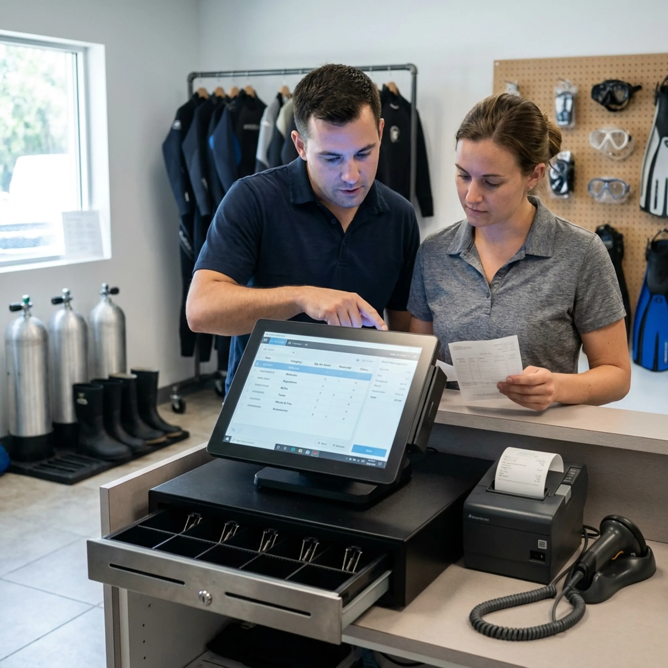 Dive shop staff managing equipment inventory with POS software