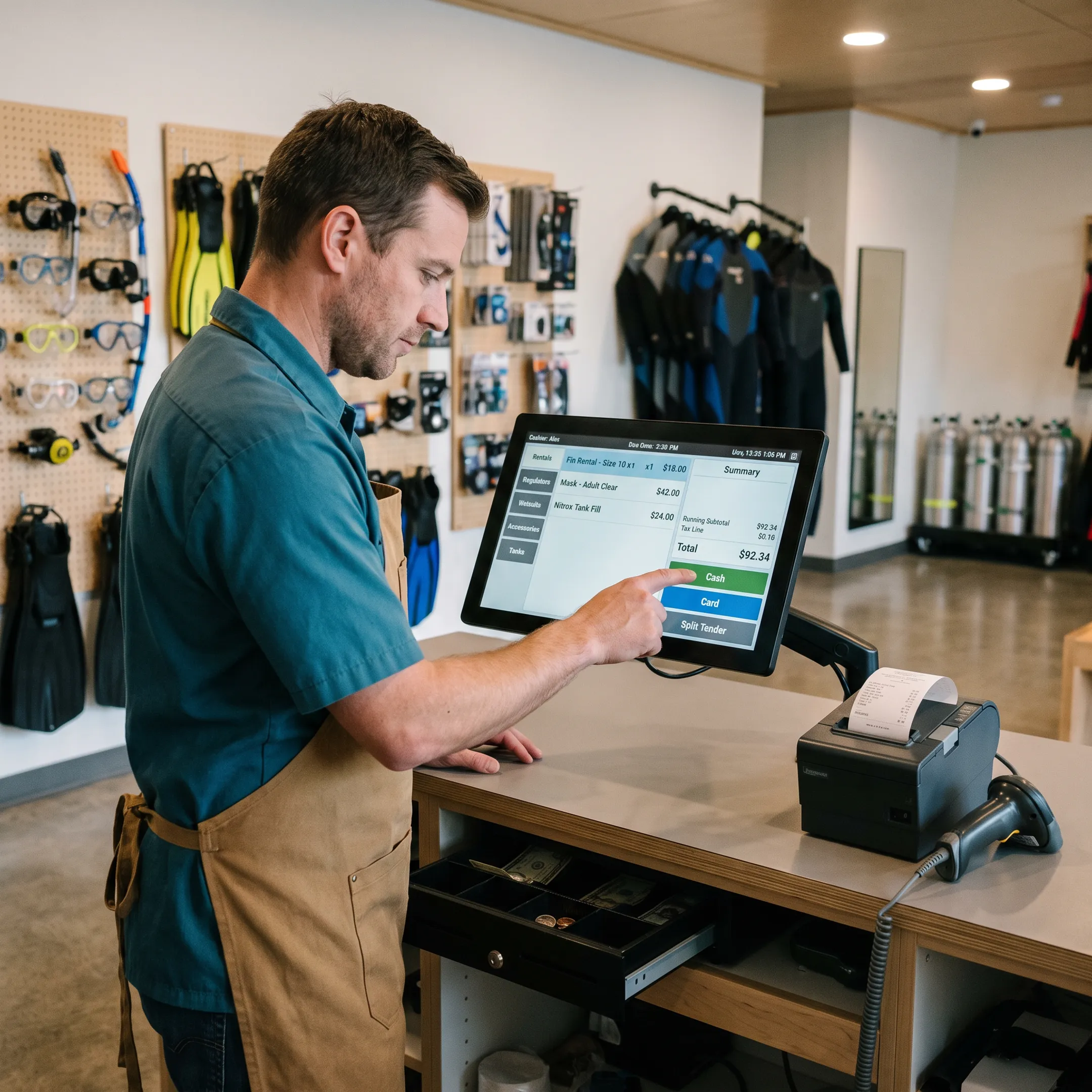Dive shop employee using POS software beside scuba equipment displays