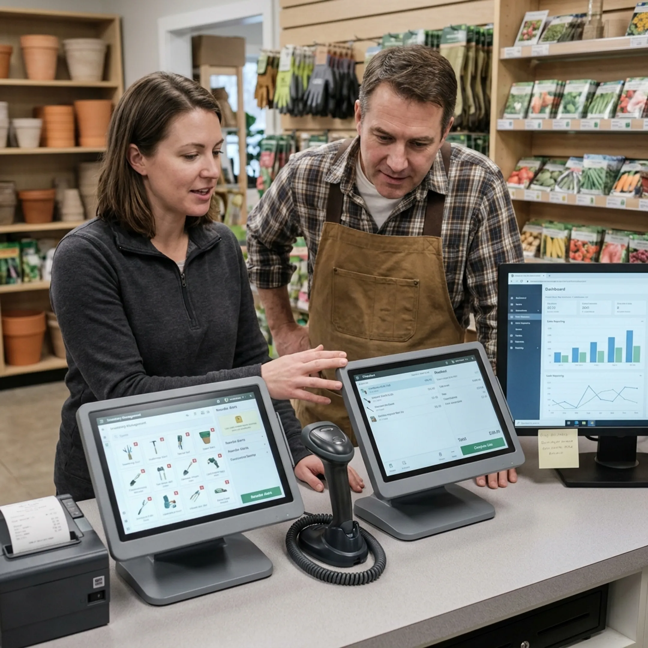 Retail consultant reviewing point-of-sale software with a specialty store owner