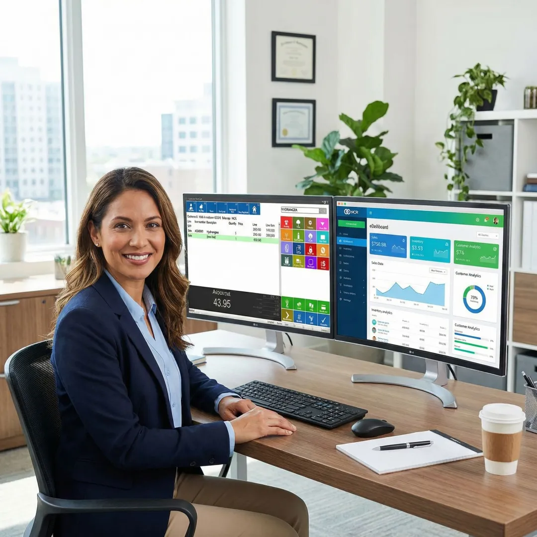Retail IT technician setting up and integrating a POS system with an eCommerce platform on a computer