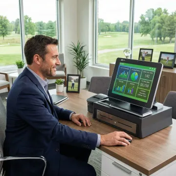 Golf course manager reviewing sales analytics on a POS dashboard