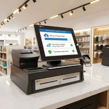 Retail POS system with data backup and cloud storage icons on screen
