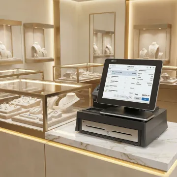 Jewelry store point of sale software on a touchscreen terminal at a retail counter