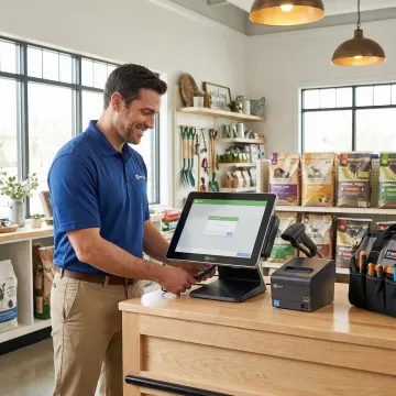Technician installing POS hardware at a retail checkout counter