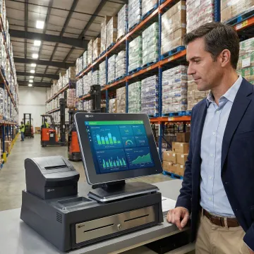 Wholesale business owner reviewing POS inventory dashboard on screen