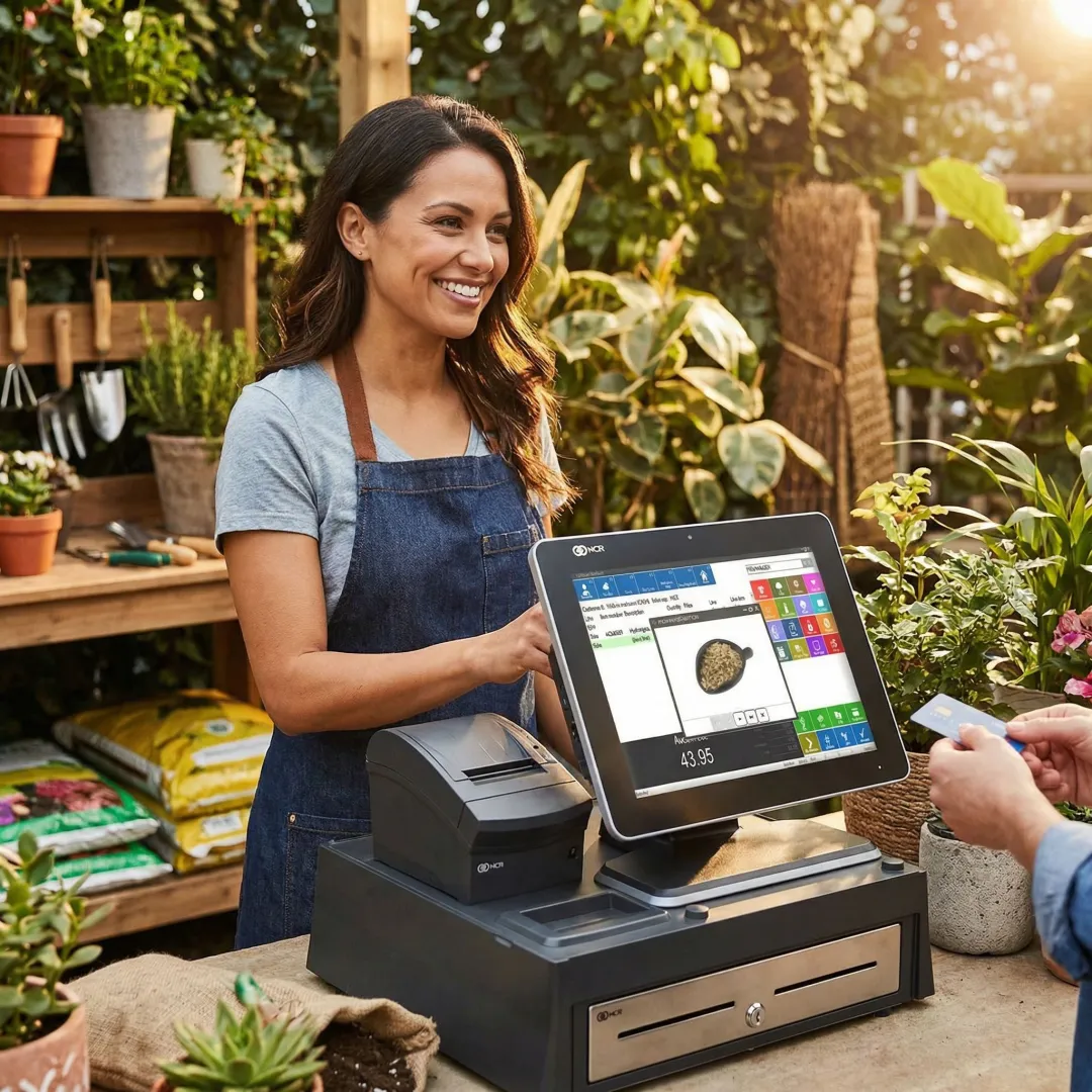 Retail staff using NCR Counterpoint POS software on a touchscreen terminal