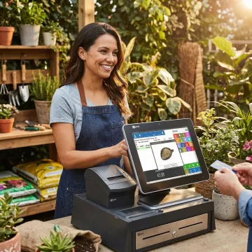 Retail staff using NCR Counterpoint POS software on a touchscreen terminal